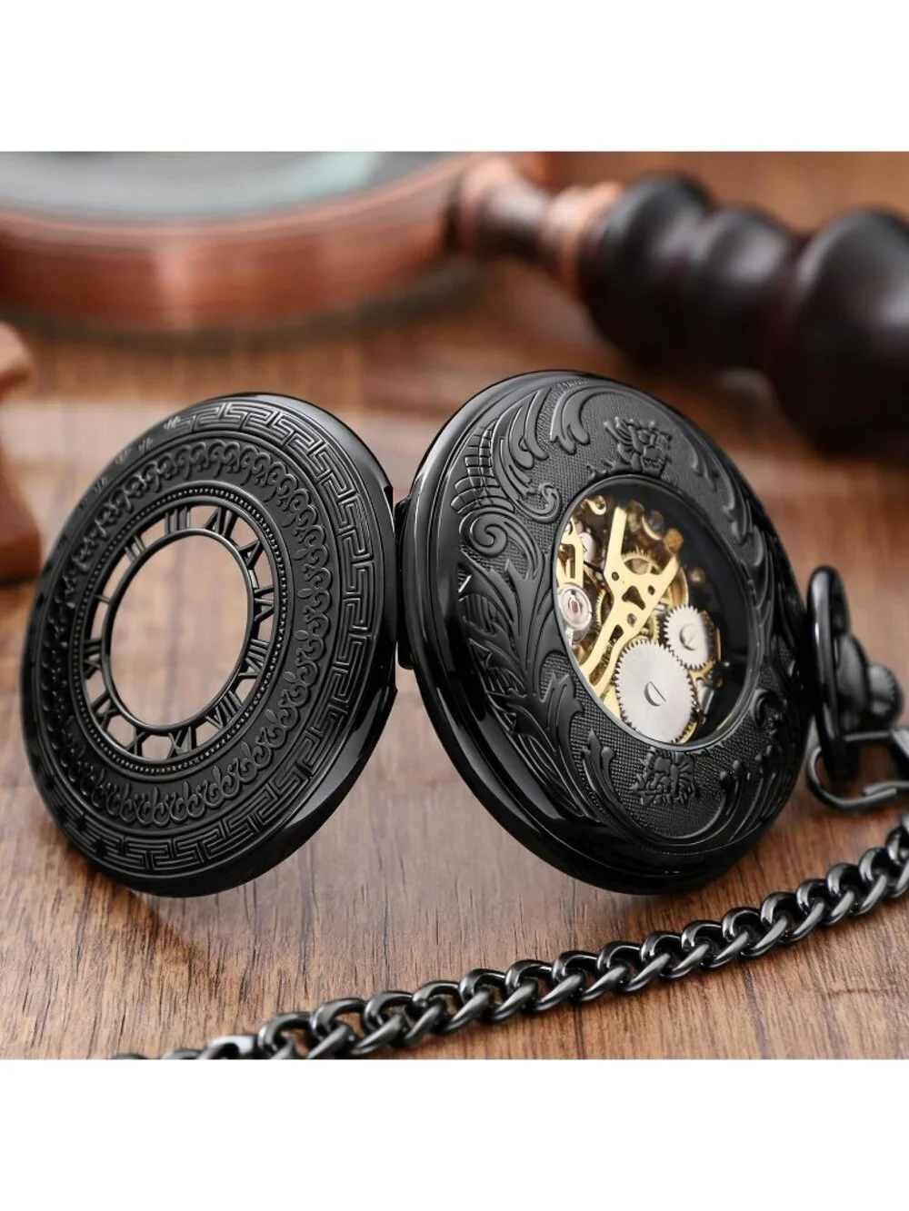 Men's Black Vintage Style Hollow-Out Round Gear Arabic Mechanical Pocket Watch